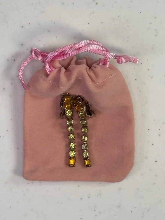 Vintage Amber & Clear crystal Rhinestone Clip-On Drop Earrings + Velvet Gift Bag - Picture 8 of 12